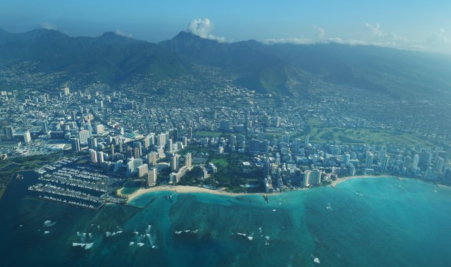 Aerial views of Waikiki and the Ala Wai Canal.