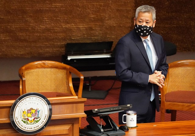Masked House Speaker Scott Saiki before giving his short speech at the Capitol. February 2, 2021