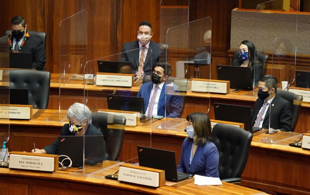 House members listen to Speaker Saiki during a short speech. February 2, 2021