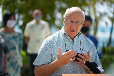 Mayor Rick Blangiardi speaks during a press conference announcing new COVID-19 informational banners that will installed along Kalakaua Avenue. February 11, 2021