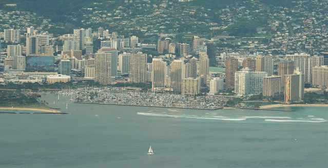 Aerial photograph of Ala Wai Yacht Harbor and Waikiki.