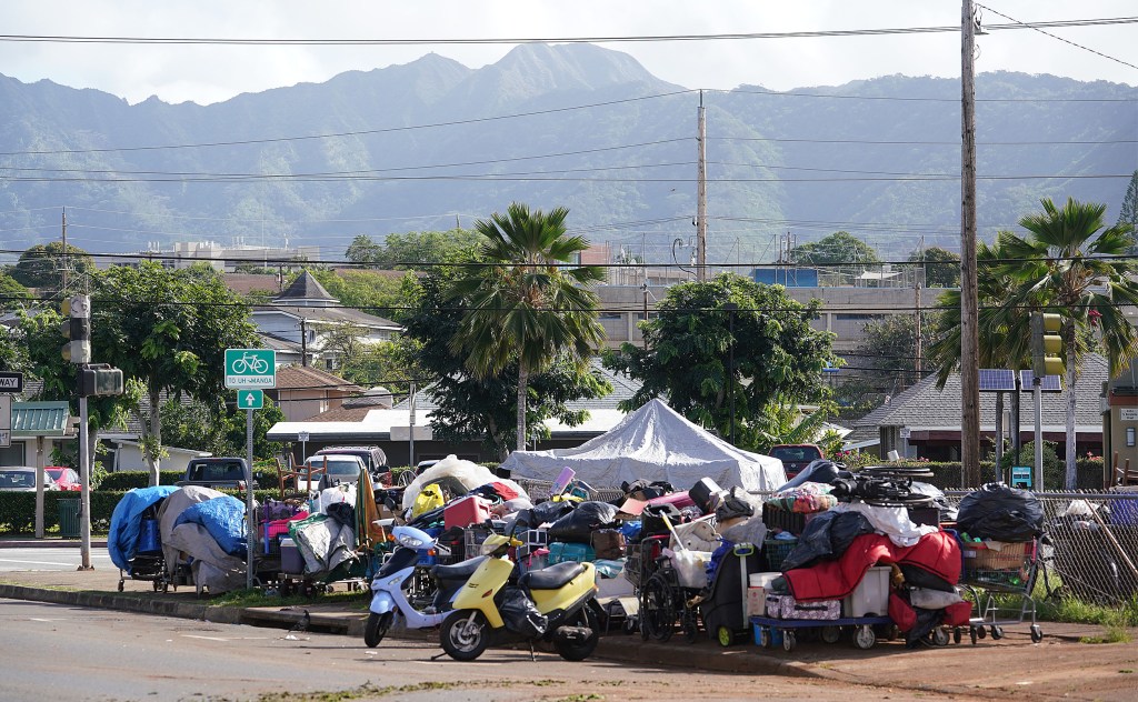 HPD rolls into Moiliili Neighborhood Park handing out citations to homeless and folks living in tents along Isenberg Street. March 23, 2021