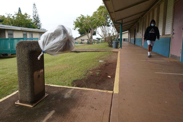 Lanai High and Elementary School. Water fountains are covered with plastic during the COVID-19 pandemic.