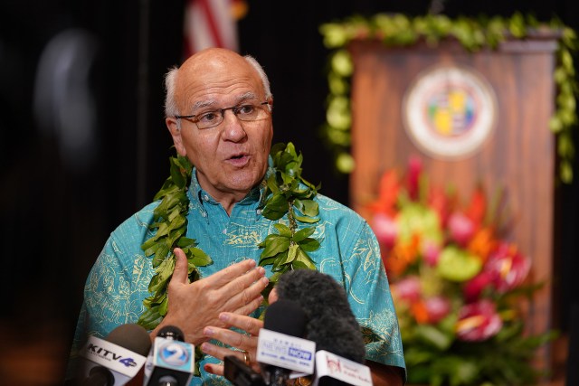 Mayor Rick Blangiardi speaks to media during press conference held after his State of Honolulu speech.