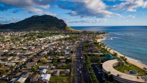 Aerial drone view of Waianae, with Farrington Highway extending out