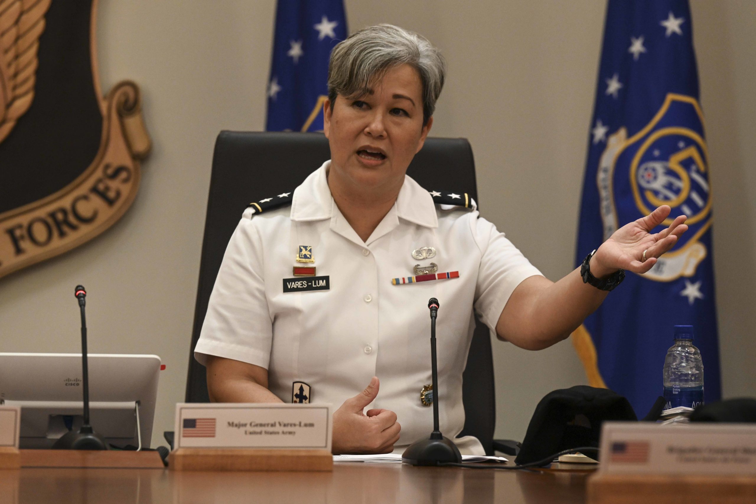 U.S. Army Maj. Gen. Suzy Vares-Lum, U.S. Indo-Pacific Command mobilization assistant to the commander, speaks during Pacific Air Forces’ first Women’s, Peace, and Security (WPS) symposium, hosted from Joint Base Pearl Harbor-Hickam, Hawaii, March 31, 2021. Vares-Lum provided remarks about operationalizing WPS in the defense sector. (U.S. Air Force photo by Tech. Sgt. Nick Wilson)