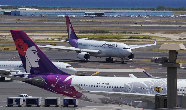 Hawaiian Airlines aircraft arrives to the gate at the Daniel K. Inouye International Airport.