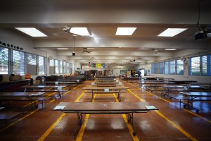 Honowai Elementary School cafeteria with special UV-C lights hanging from ceiling.
