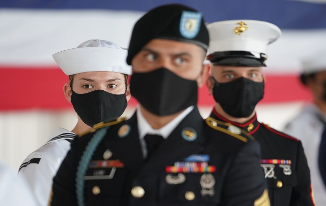 US Military personnel representing the Marines, US Army and U.S. Navy during a US Indo-Pacific Command change of ceremony held at Kilo Pier at Joint Base Pearl Harbor Hickam. April 30, 2021