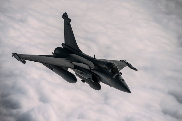 A French F-2 Rafale flies over Iraq in support of Operation Inherent Resolve, Jan. 8, 2016. OIR is the coalition intervention against the Islamic State of Iraq and the Levant. (U.S. Air Force photo by Tech. Sgt. Nathan Lipscomb)