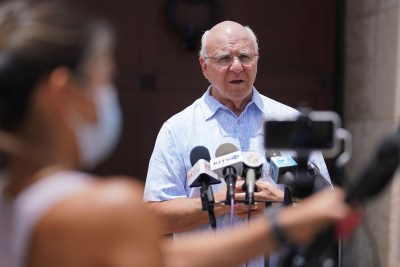 Mayor Rick Blangiardi answers media questions about Oahu’s move to Tier 4 outside Honolulu Hale.