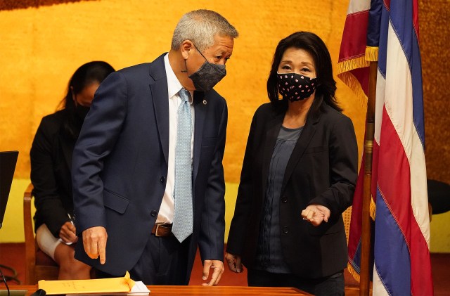 House Speaker Scott Saiki and Representative Sylvia Luke during legislative special session at the Capitol.