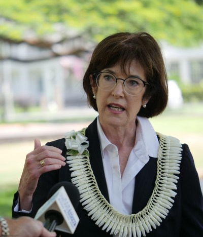 Campaign Chair Loretta Sheehan gesturing as she speaks the press after former first Lady Vicky Cayetano announces that she is officially running as a Democrat for Governor of the State of Hawai‘i during News conference at Hawai‘i State Capitol grounds on Monday August 30, 2021. Ronen Zilberman Civil Beat.