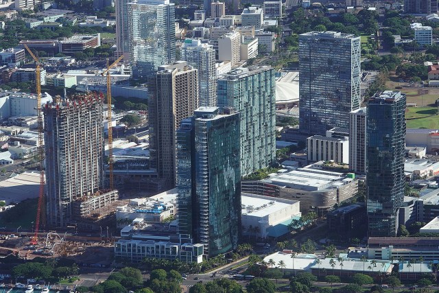 Aerial view of Kakaako condominiums.