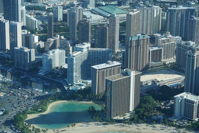 Aerial view of the Ilikai Hotel and the Hilton Hawaiian Village.