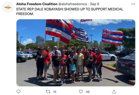 The AFC tweeted out a photo of Rep. Dale Kobayashi at a Knights of Aloha rally on Labor Day.