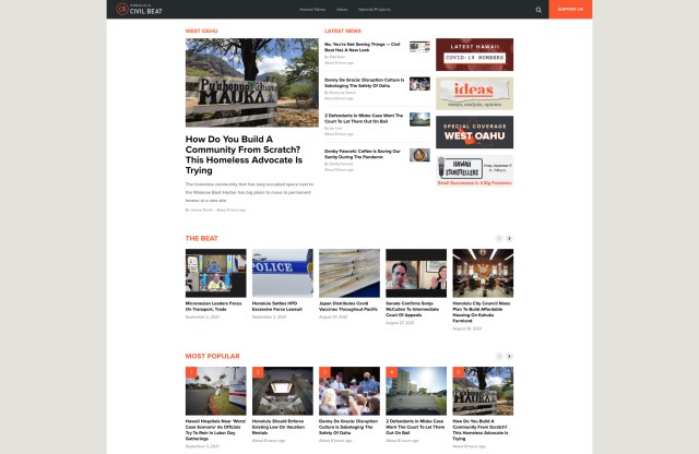 screenshot of the civil beat's new 2021 homepage