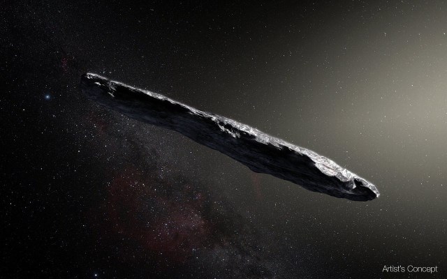 Artist's concept of interstellar object1I/2017 U1 ('Oumuamua) as it passed through the solar system after its discovery in October 2017. The aspect ratio of up to 10:1 is unlike that of any object seen in our own solar system. Image Credit: European Southern Observatory / M. Kornmesser.
