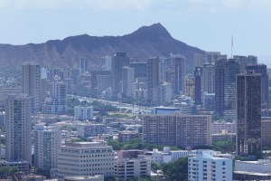 View of Diamond Head with buildings in foregound.