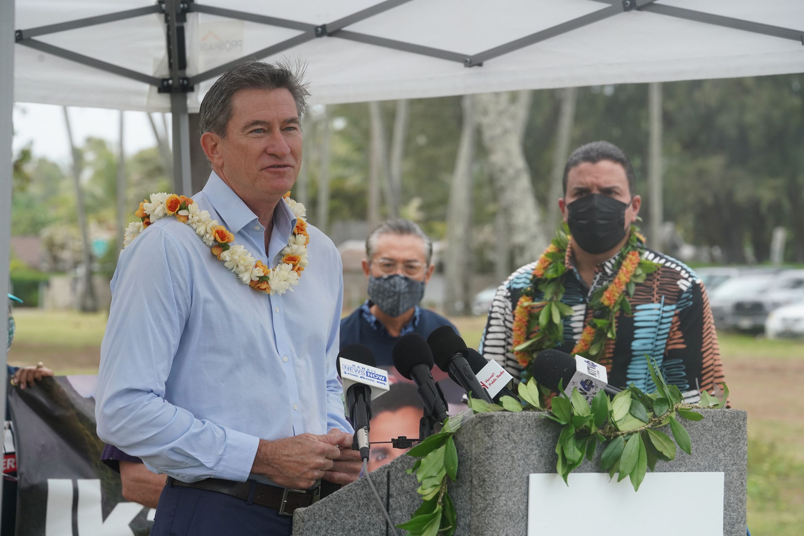 Honolulu City Council Chair Tommy Waters endorses Ikaika Anderson for the office of Lt. Governor at Kailua Beach Park.