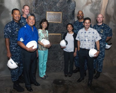 Left to Right: Capt. Ken Epps, Capt. Dean Tufts, U.S. Rep. Mark Takai, Hawaii Sen. Donna Kim, State of Hawaii Rep. Linda Ichiyama, Rear Adm. John Fuller, U.S. Sen. Brian Schatz and Lt. Cmdr. Andrew Lovgren toured the Red Hill Underground Fuel Storage Facility