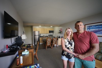 John Lisoway and wife Karen Lisoway photographed in their short term rental located at the Aston Sunset Waikiki.