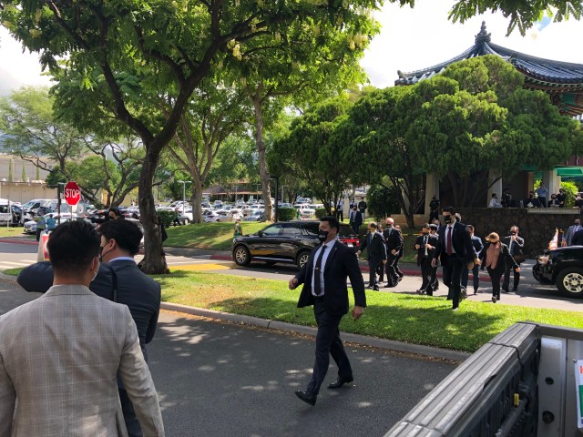 President Moon Jae-In and the South Korean delegation depart the University of Hawaii at Manoa, Center for Korean Studies on Sept. 23, 2021.