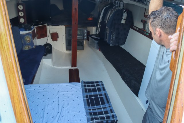 William Strickland in cramped living quarters.