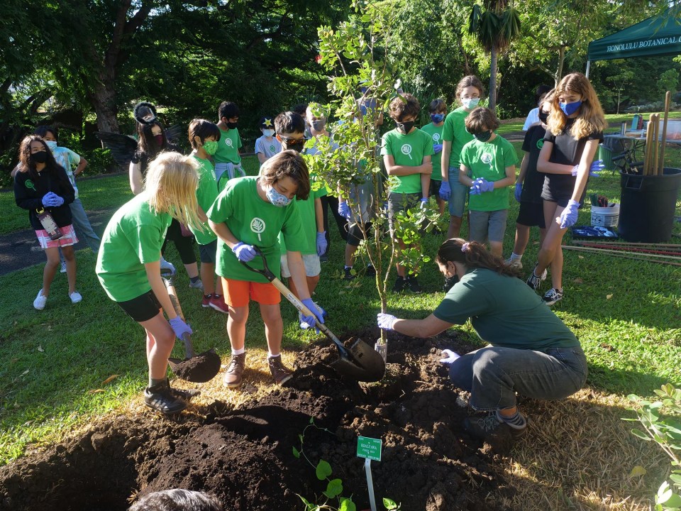 Talia Portner, horticulturist for the Honolulu Botanical Gardens (HBG) demonstrates how to plant trees to student volunteers from SEEQS (School for Examining Essential Questions of Sustainability) during their Arbor Day event at the Lili'uokalani Botanical Garden in Honolulu, Wednesday, November 10, 2021. The HBG was awarded $5,000 for projects to connect the community with trees and help create more urban gardens around Oahu. (Ronen Zilberman photo Civil Beat)