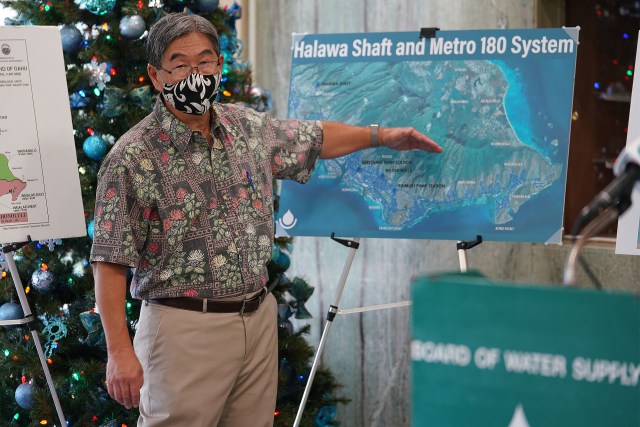 Board of Water Supply Manager and Chief Engineer Ernie Lau speaks to media about the current closure of the Aiea Well due to fuel being found in test results. December 9, 2021