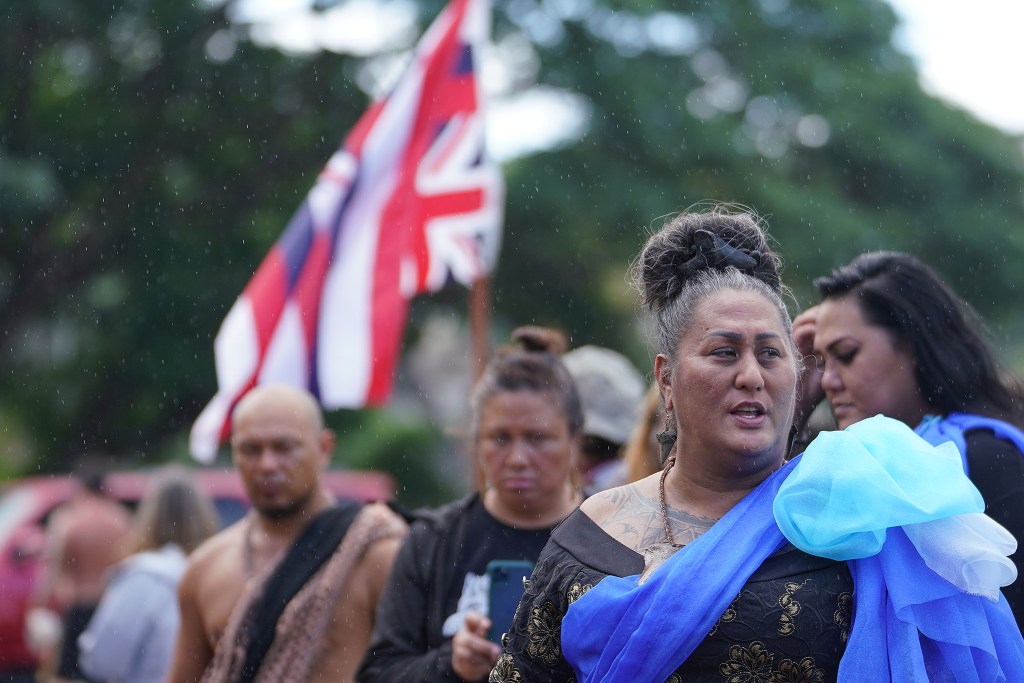 Hinaleimoana Wong-Kalu leads protocols held near the Makalapa CINCPAC and military housing entrance in opposition to the Red Hill fuel leak. December 12, 2021