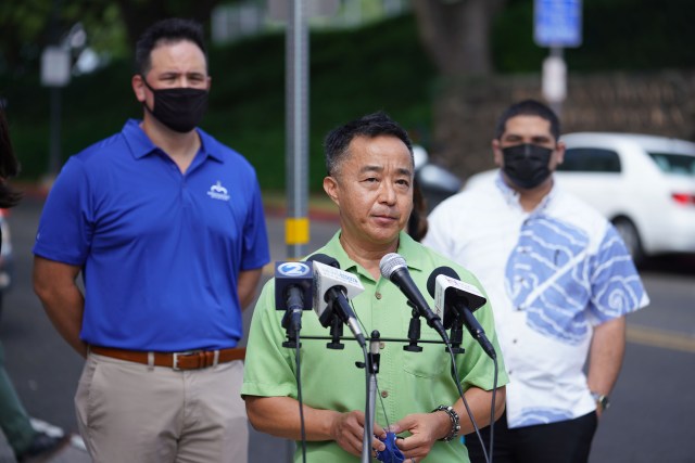 Senator Glenn Wakai speaks to media regarding the recent Red Hill water petroleum issue press conference held outside the HSTA headquarters near Red Hill.
