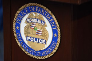 Honolulu Police Department HPD seal on lectern at HPD.