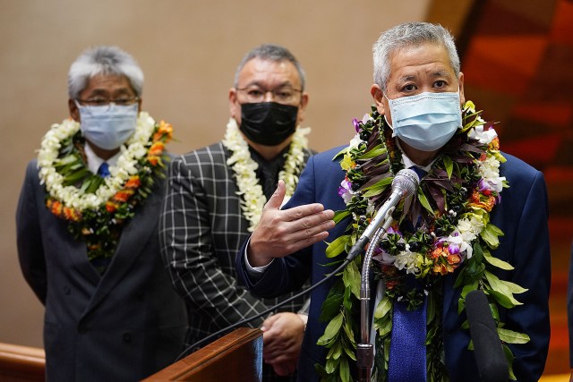 Opening Day Legislature 2022, House Speaker Scott Saiki speaks to the media duirng a press conference held at the Capitol.