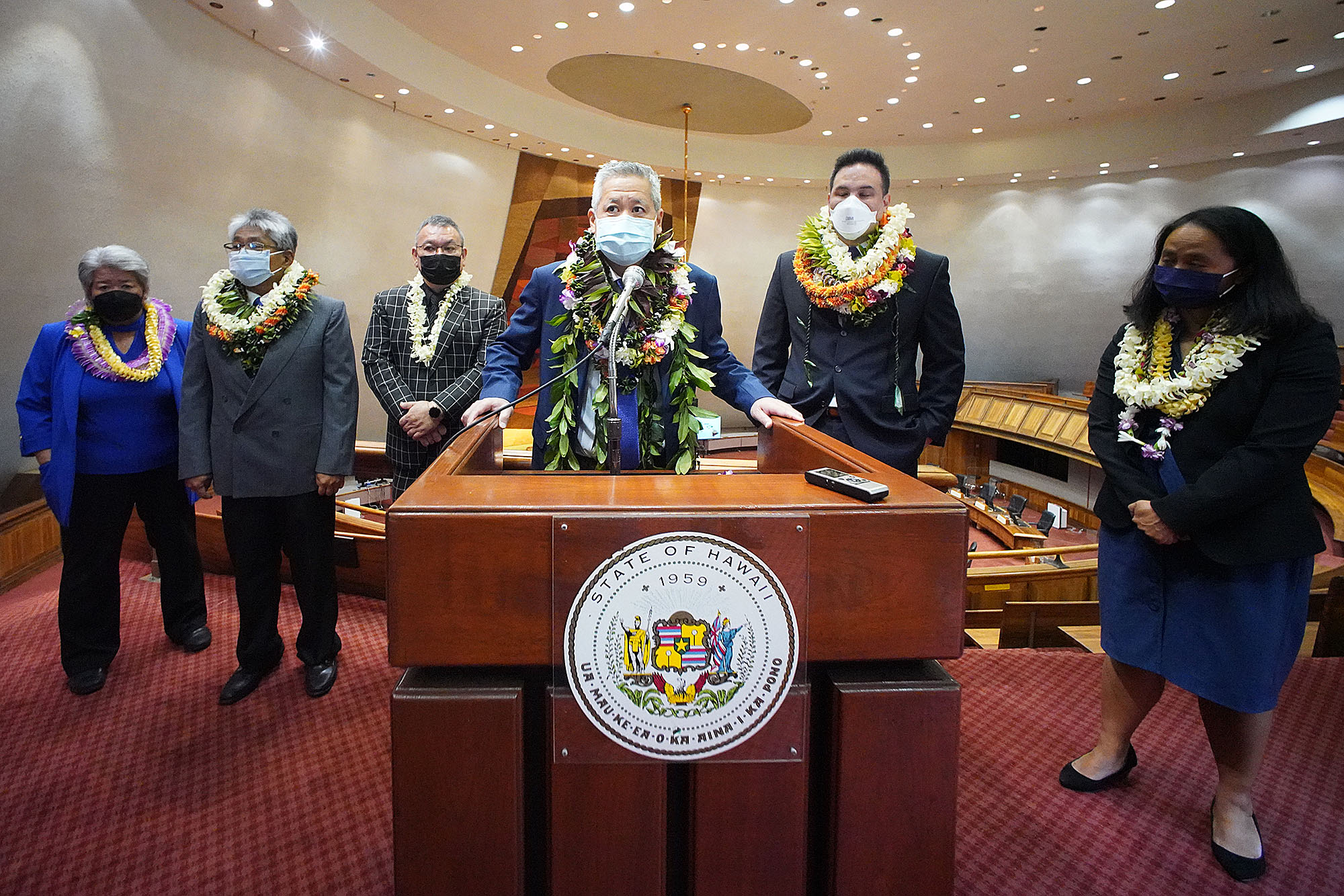 Opening Day Legislature 2022. Center, Speaker Scott Saiki is flanked by colleagues during a press conference held during recess at the Capitol. January 19, 2022