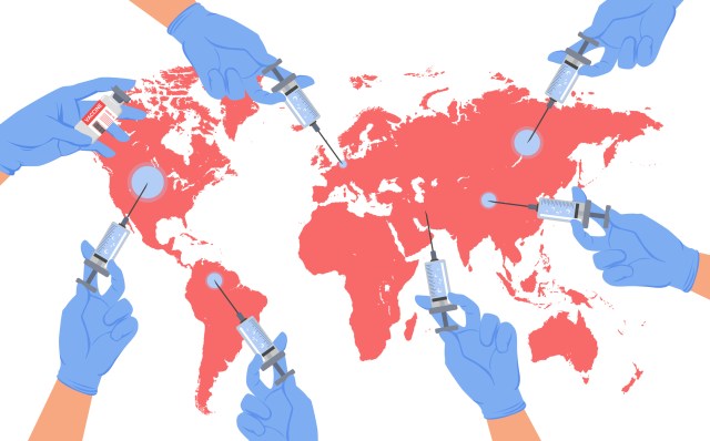 Global vaccination of planet earth medicine protection from coronavirus concept vector illustration. Cartoon doctor hands in medical gloves holding vaccine injection syringe and world map background