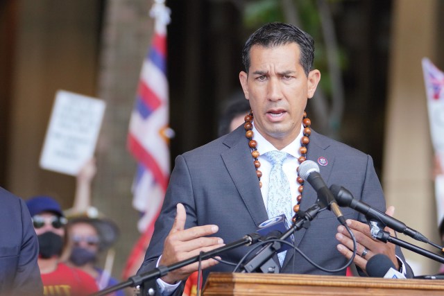 Representative Kai Kahele speaks during a Red Hill Fuel tank rally held at the Capitol.