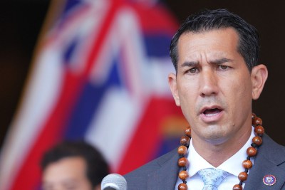 Representative Kai Kahele speaks during a Red Hill Fuel tank rally held at the Capitol.