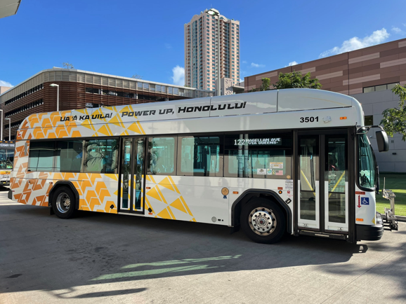 One of Honolulu’s new electric buses at Alapai Transit Center