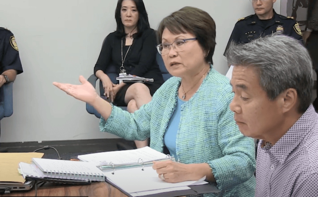 Honolulu Corporation Counsel Donna Leong speaks at a Honolulu Police Commission meeting on November 15, 2017