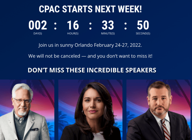 screenshot from the CPAC 2022 agenda featuring Tulsi Gabbard