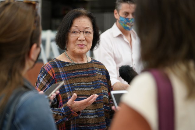 Senator Mazie Hirono speaks to media at the NEX food court after a tour of the Red Hill fuel facility. The tour was closed to the media.