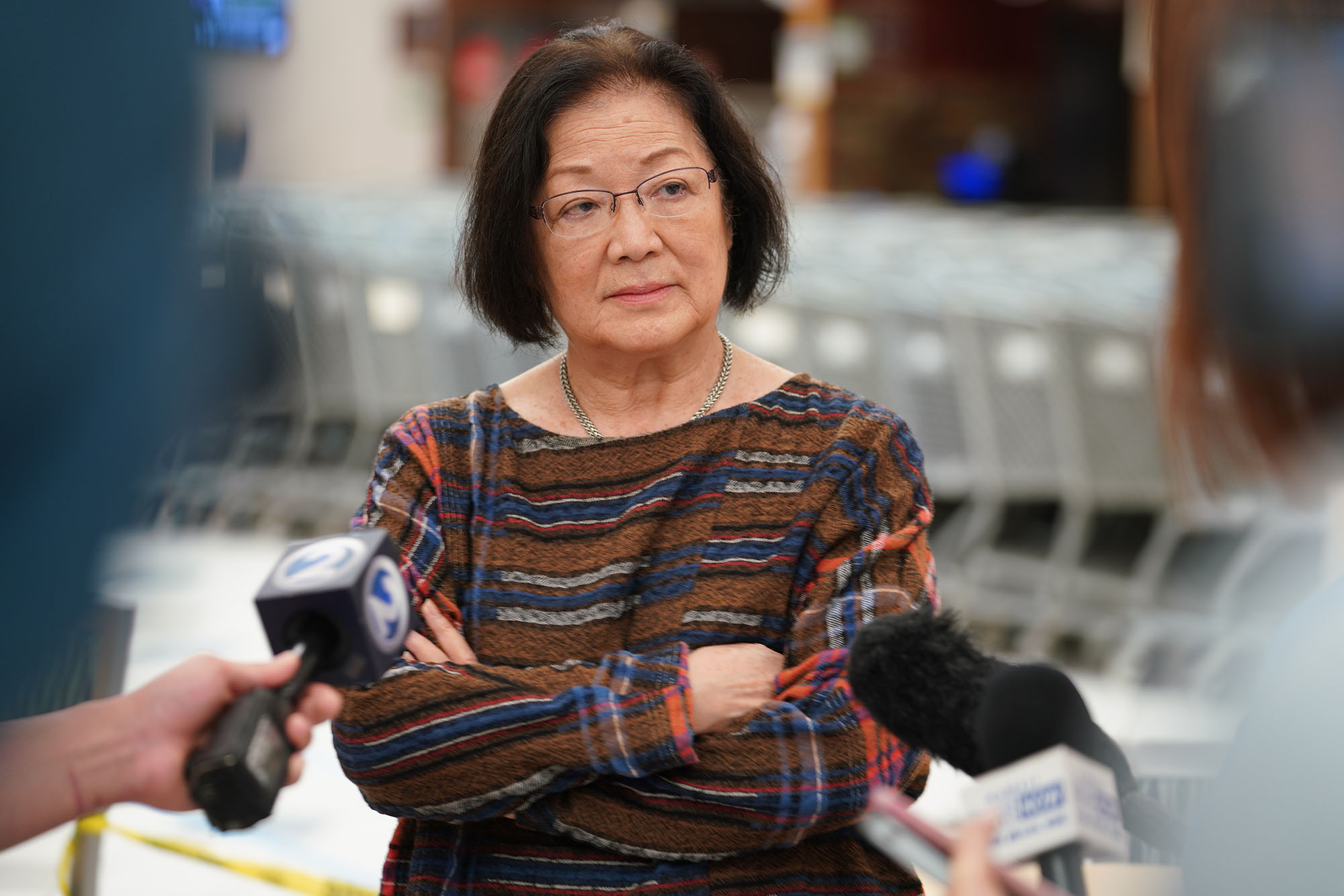 Senator Mazie Hirono speaks to media at the NEX food court after a tour of the Red Hill fuel facility. The tour was closed to the media.