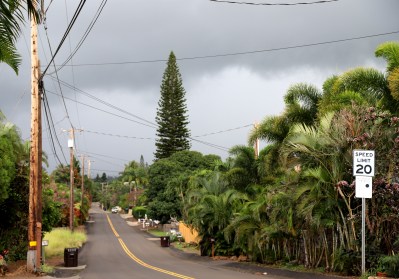 A photo of a street in Maui Meadows that experienced severe flooding during a winter storm.