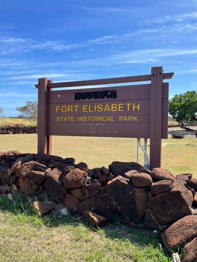 The entrance sign at Kauai's Russian Fort Elisabeth in Waimea.
