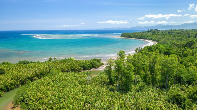 An aerial photo of the northeastern coastline of Choiseul island, Solomon Islands.