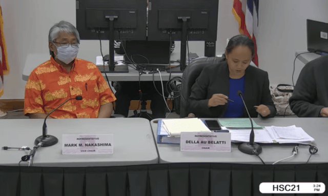 Reps. Mark Nakashima and Della Au Belatti at Thursday's hearing.