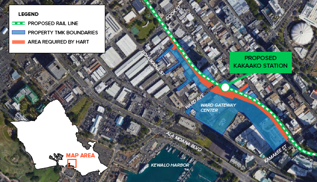 A map of the property areas in Ward Village that would be affected by the construction of the rail line.