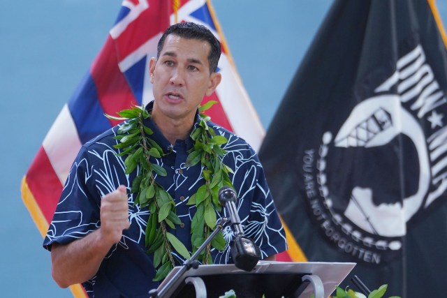 Kai Kahele announces running for Hawaii Governor at Hilo Boys and Girls Club gymnasium.