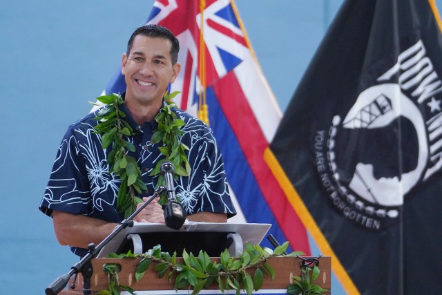 Rep Kai Kahele announces running for Hawaii Governor at the Hilo Boys and Girls Club gymnasium.